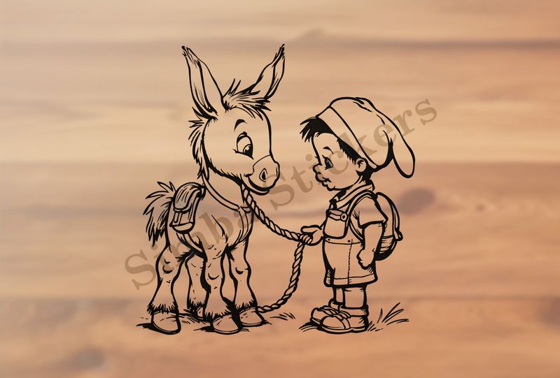 Donkey led on a rope by a small boy, outline art