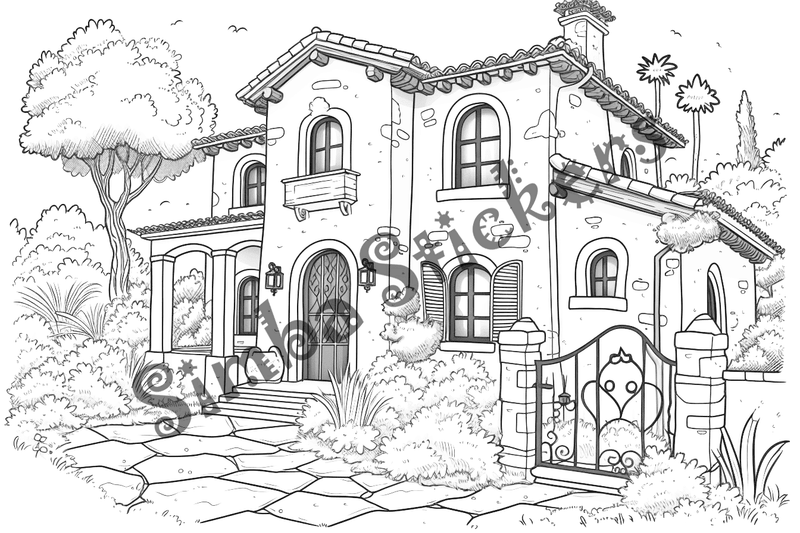 Colouring pages, bundle of houses, Italian countryside, 10 images