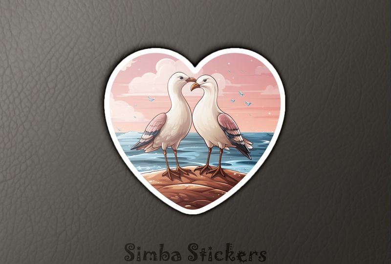 Seagulls in love in pinkish sunset inside Valentine&#x27;s heart, rvjzrm