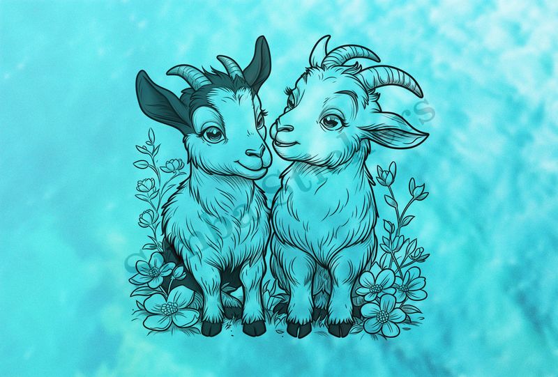 Goat kids in love, with flowers, outline art