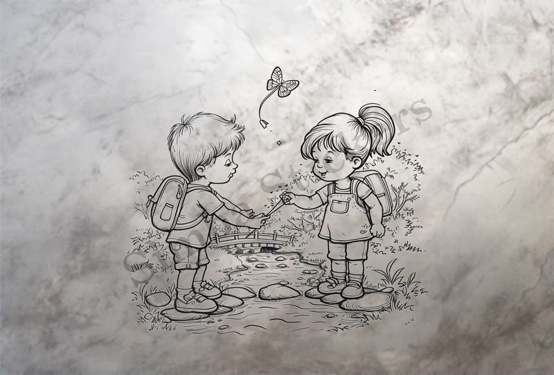 Boy and girl  standing on rocks in a shallow river, outline art