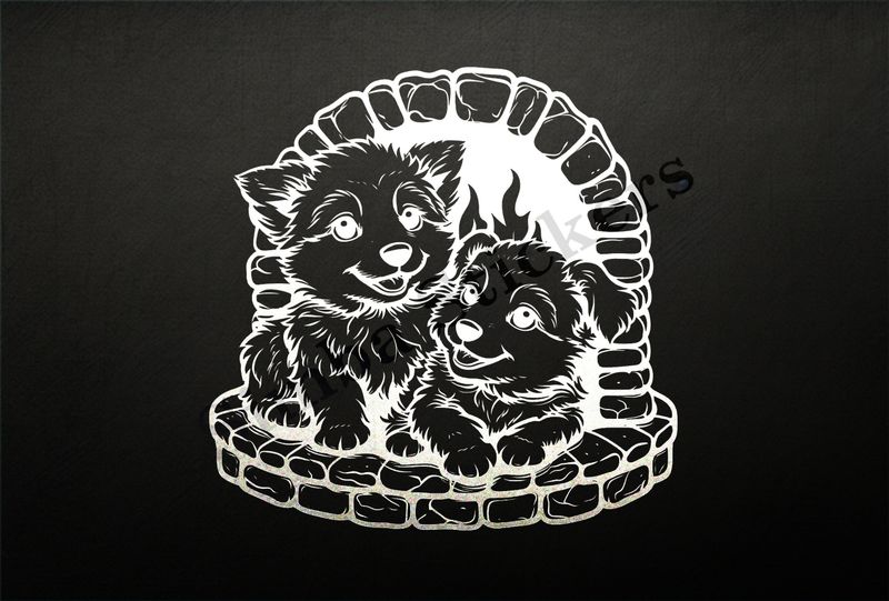 Dogs cuddling by the fireplace,  outline art