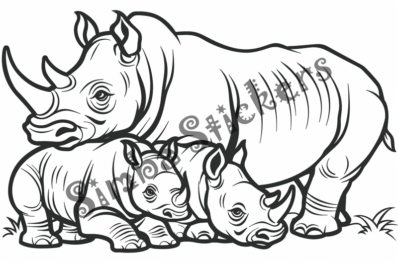 Colouring pages, bundle of rhino families, 10 images