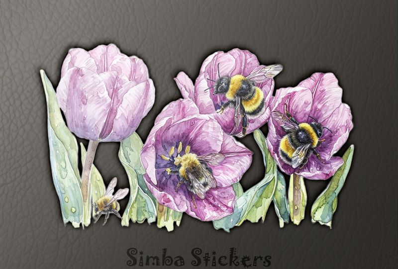 Bees among pink tulip flowers, watercolour