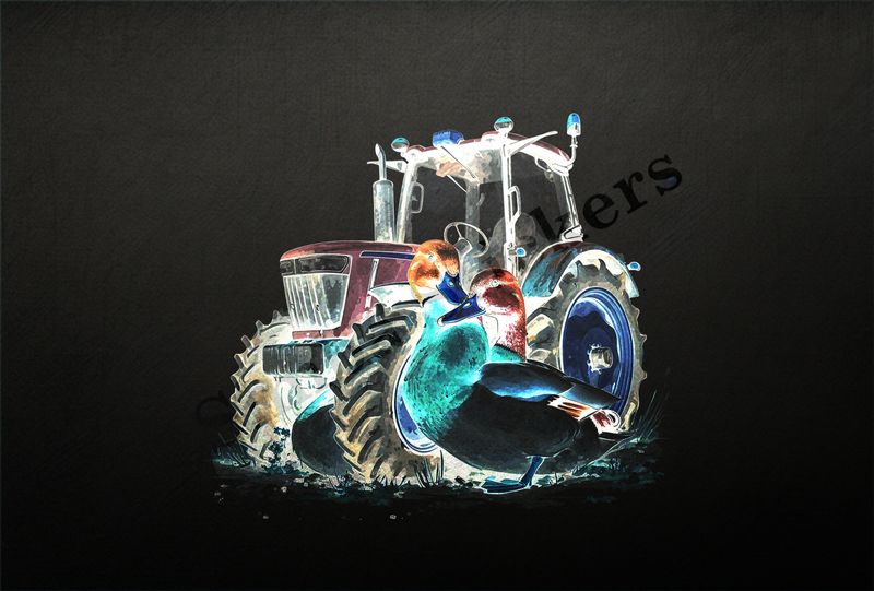 Ducks cuddling in front of farmer&#x27;s green tractor