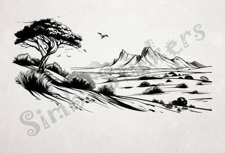 African Savanna landscape, low shrubs in middle, outline art