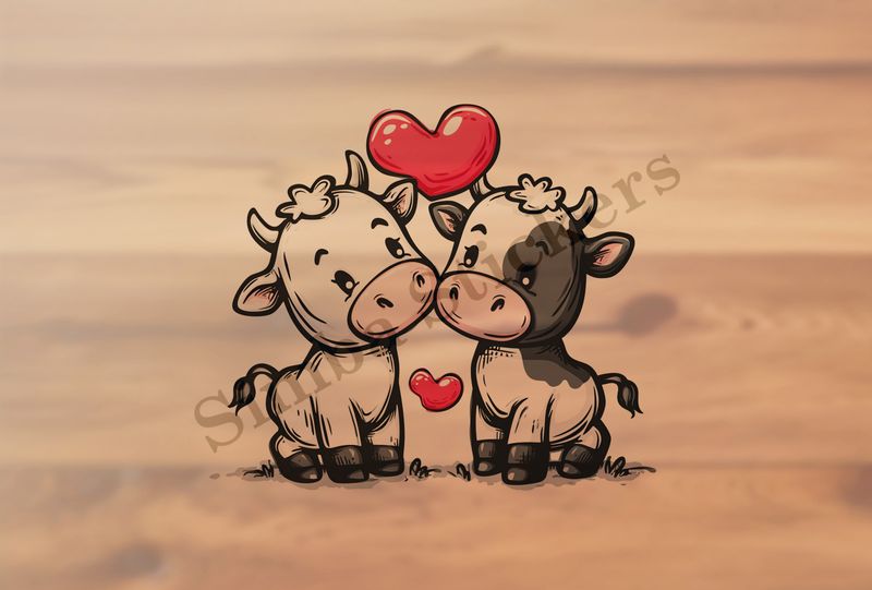 Cattle, bull and cow in love, playful , hearts in picture, outline art