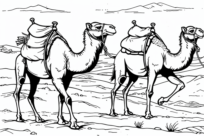 Colouring pages, bundle of Sahara Desert landscape with camels and dromedars, 10 images