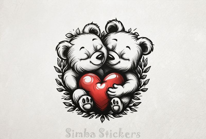 Bears cubs snuggling holding Valentine&#x27;s heart, outline art, dygppo