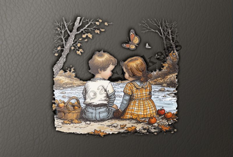 Boy and girl with a picnic basket by a river, fruits on the ground