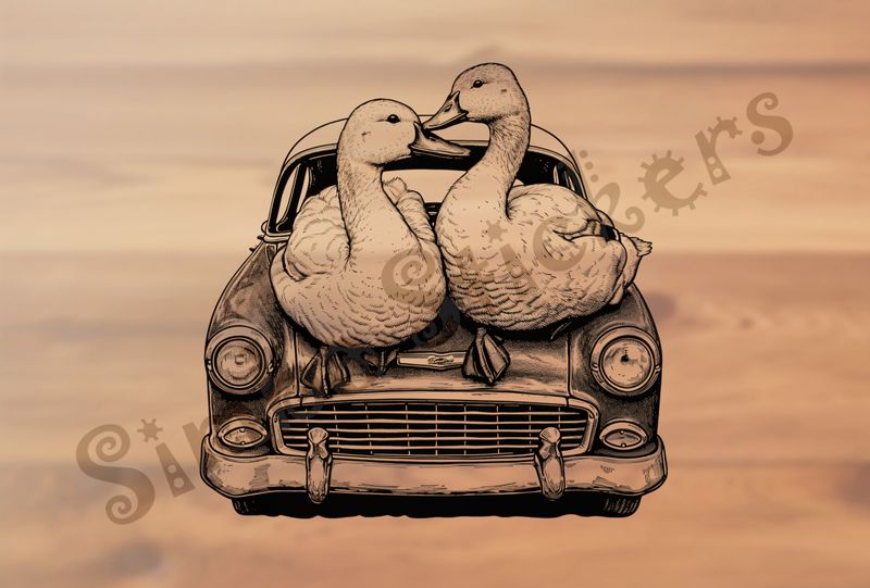 Ducklings cuddling romantically on hood of car, outline art