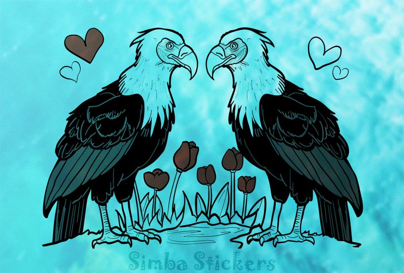 Vultures in love among flowers and Valentine&#x27;s hearts, outline art, v4k59g