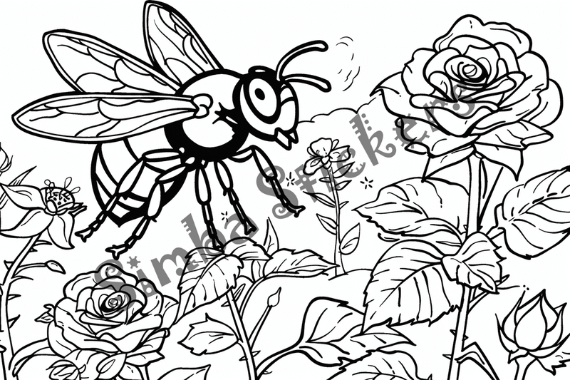 Colouring pages, bundle of bees around flowers, 10 images
