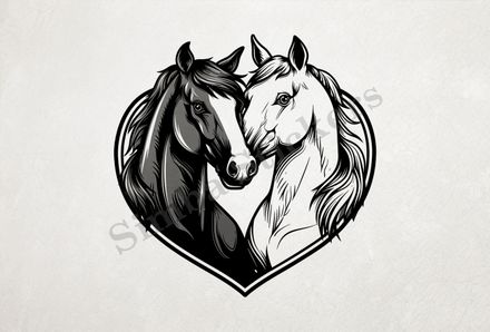 Horses in love, bust in heart frame, outline art