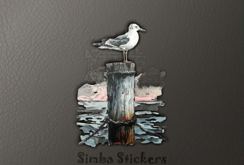 Seagull perching on a beach pole out in water, watercolour, oyljb0