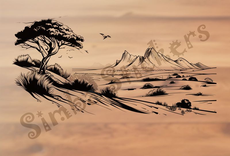 African Savanna landscape, low shrubs in middle, outline art