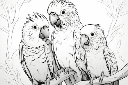 Colouring pages, bundle of parrots perching, 10 images