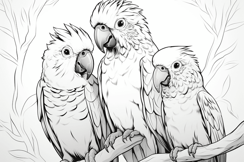 Colouring pages, bundle of parrots perching, 10 images