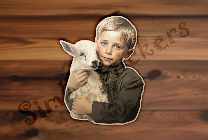 Goat kid in arms of blonde boy