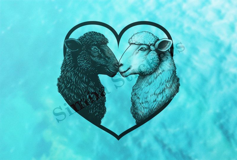 Sheep in love, one white, one black, outline art