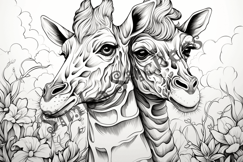 Colouring pages, bundle of giraffes in love, 10 images