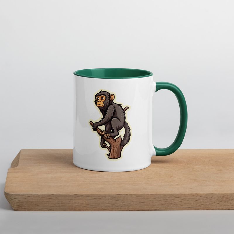 White Ceramic Mug with Color Inside, 11oz &amp; 15oz, Baboon on a tree, looking sad, head-to-head