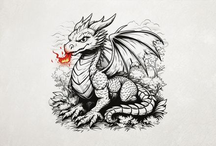 Dragon breathing fire, bushy background, outline art