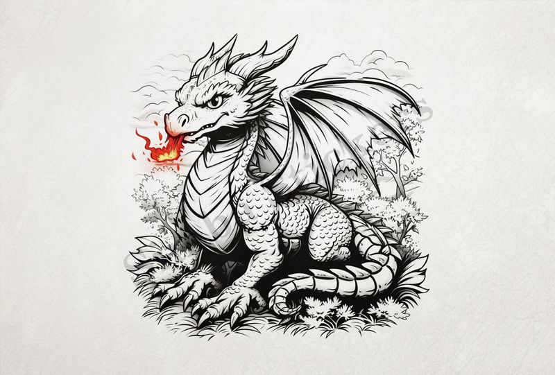 Dragon breathing fire, bushy background, outline art