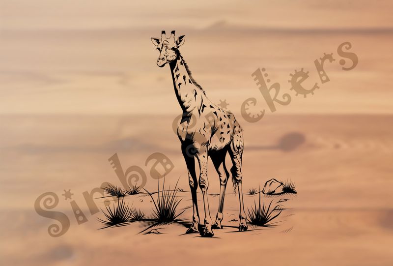 Giraffe facing frontwards in shrubs, outline art