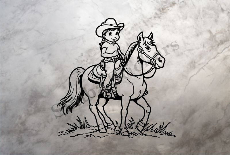 Horse carrying a small girl in a cowgirl hat, outline art