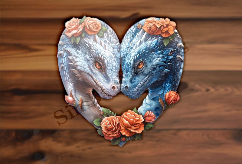 Blue and white dragons nose-to-nose in love, orange flowers, watercolour