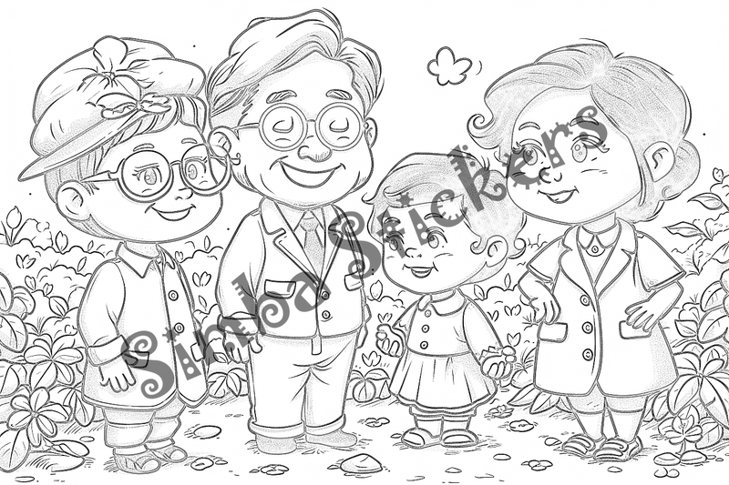 Colouring pages, bundle of people, grandparents with children, 25 images