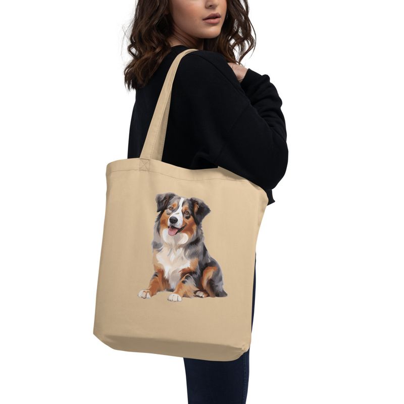 Eco Tote Bag, Australian Shepherd dog sitting with tongue out, multiple colours