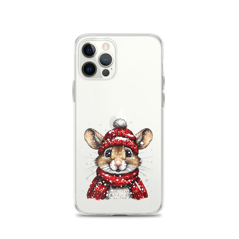 Clear Case for iPhone, Mouse wearing red winter hat and scarf in the snow, xg8dl3