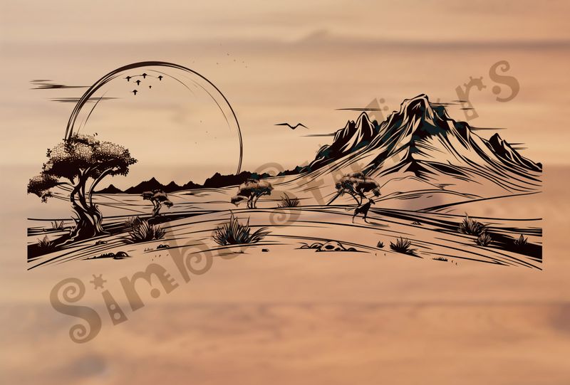 African Savanna landscape, huge sun setting, outline art