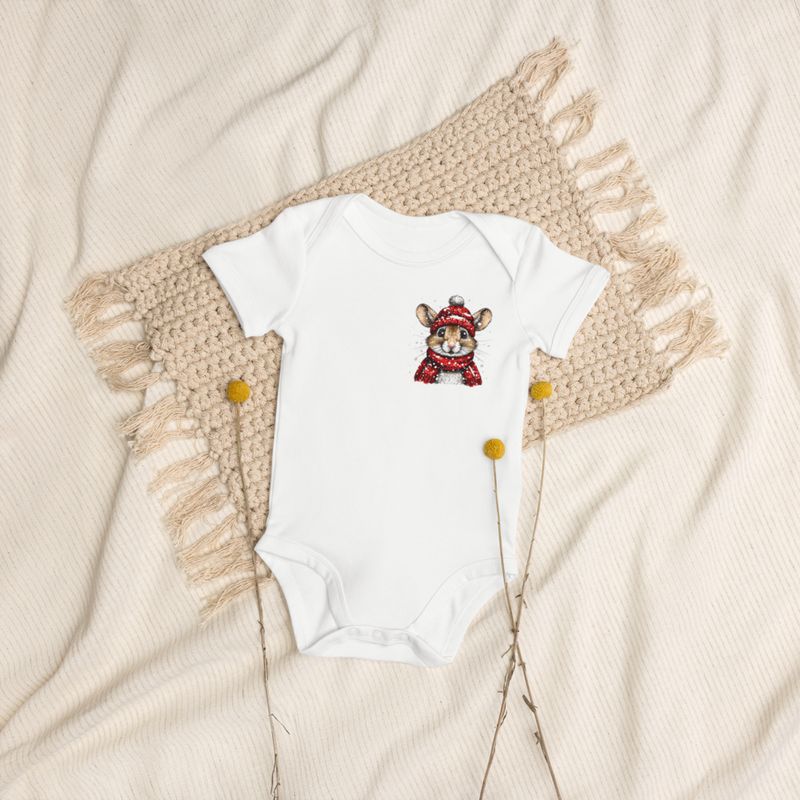 Organic Cotton Baby Bodysuit, 3-18 months, Mouse wearing red winter hat and scarf, xg8dl3,left chest