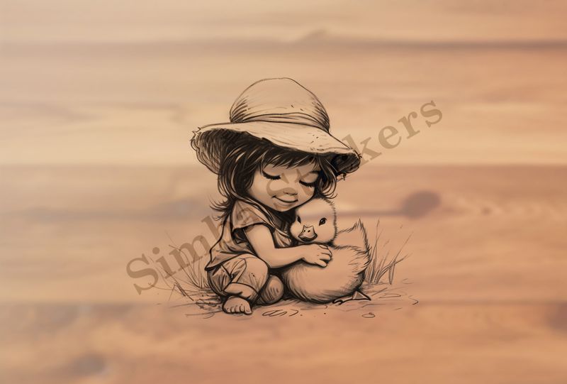 Duckling hugged by small kneeling girl in a hat, outline art