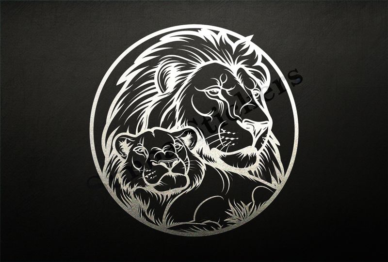 Lion with lioness cuddling, lioness leaning intolion, romantic, outline art