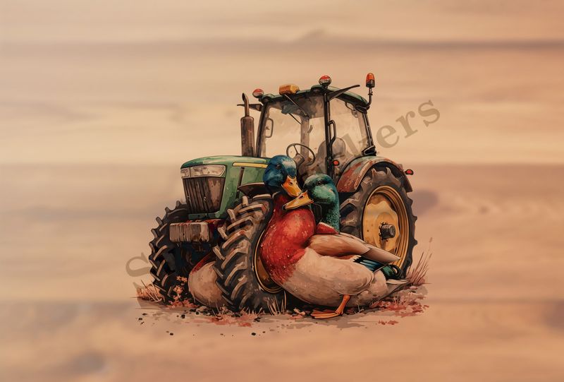 Ducks cuddling in front of farmer&#x27;s green tractor