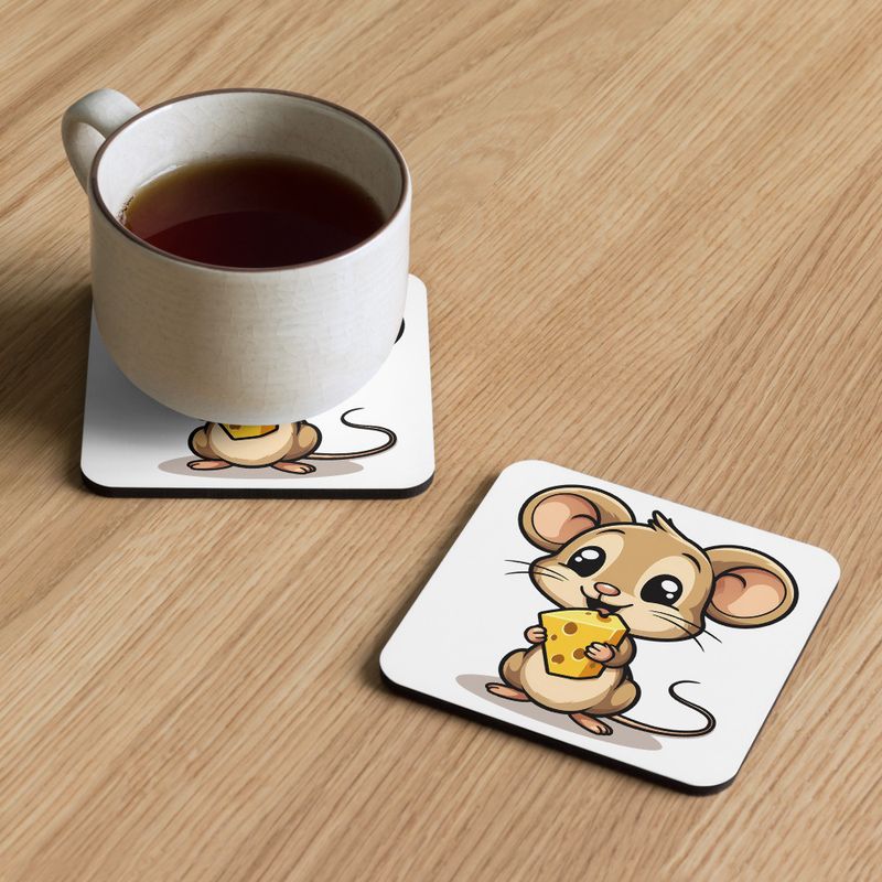 Cork-Back Coaster, Small Mouse happily licking large chunk of cheese, pqapy6