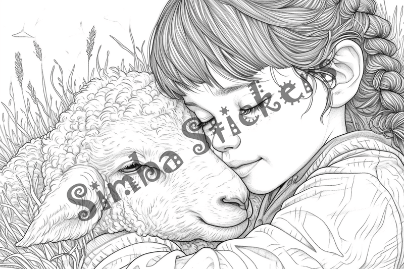 Colouring pages, bundle of sheep snugglig with child, 10 images