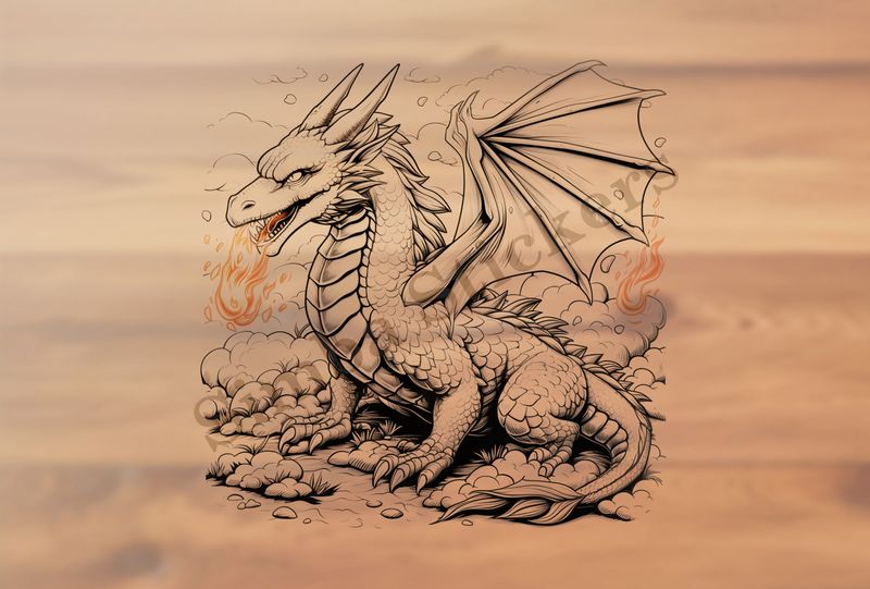 Dragon breathing fire, cloudy background, outline art