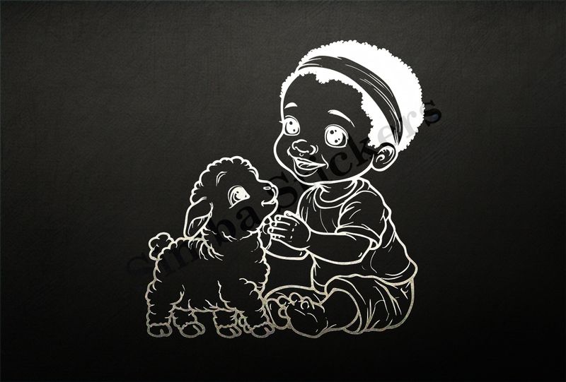 Sheep lamb looking up to small boy of African origin, outline art