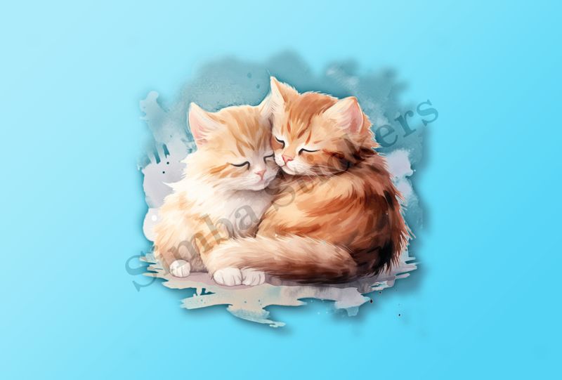 Cats cuddling, watercolour