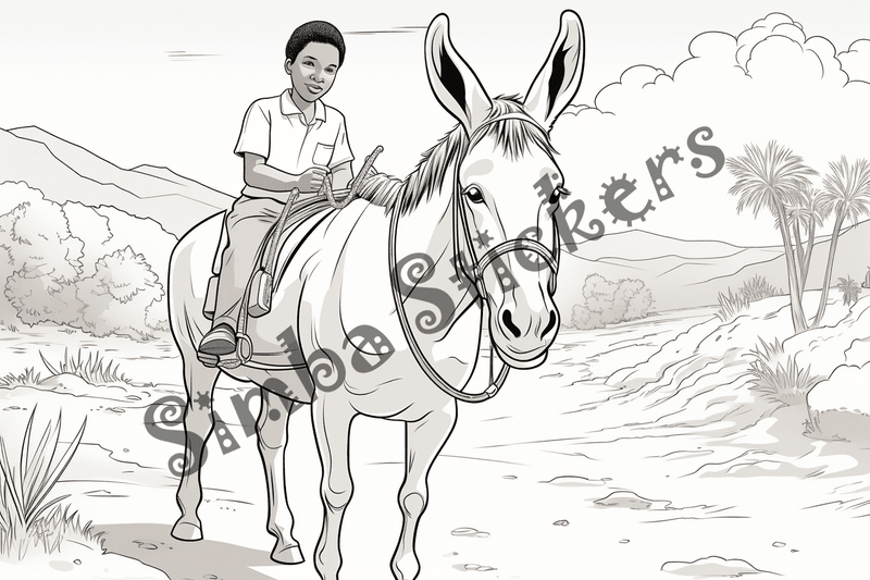 Colouring pages, bundle of mules carrying passengers, 10 images