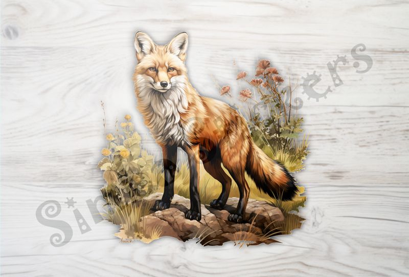 Fox on a rock in the woods