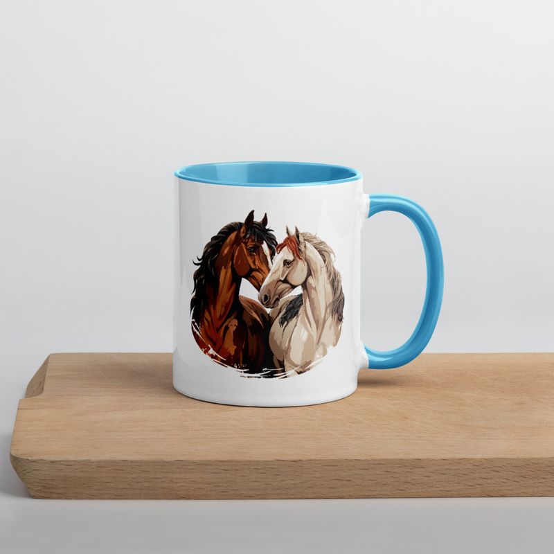 White Ceramic Mug with Color Inside, 11&amp;15oz, Horses nose-to-nose, jbgjpy