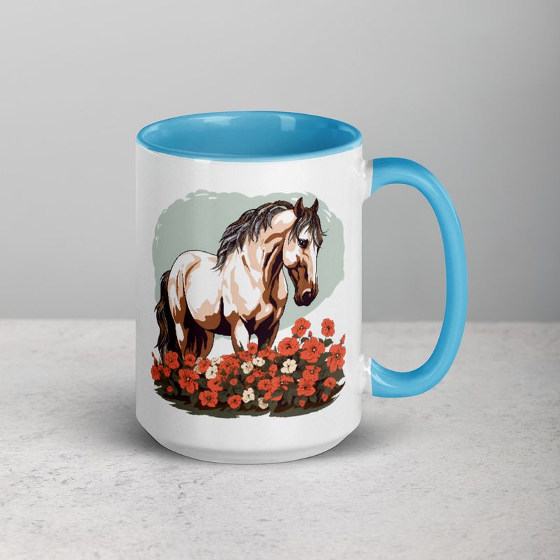 White Ceramic Mug with Color Inside, 11&amp;15oz, Brown horse in field of red flowers, n4w2fj