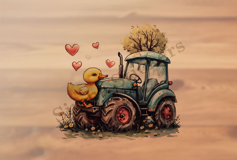 Duckling with chin over farmer&#x27;s tractor