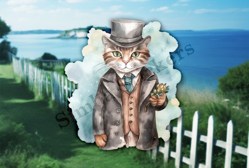 Cat in vitage suit and hat, watercolour